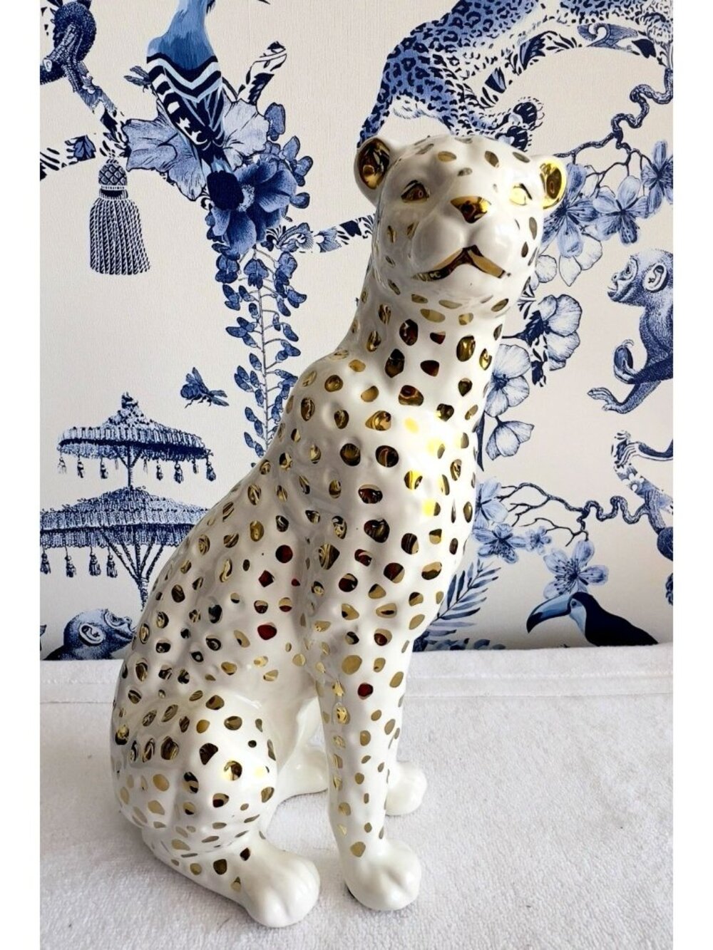 ELEGANT Leopard Figurine Ceramic 11"H x 6"W Sitting Gold & White Sagebrook Home